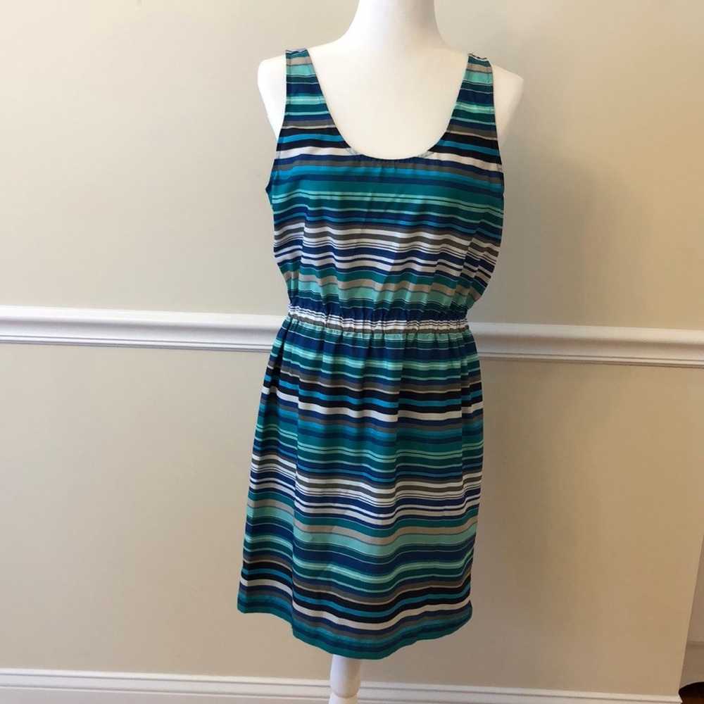 Ann Taylor Loft Sleeveless Blue Green Striped Dress Size Medium EUC